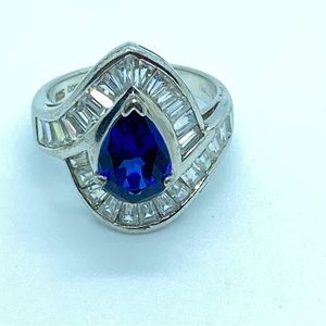 Vintage CA .925 Sterling Faux Sapphire Teardrop CZ Clear Baguette Cocktail Ring